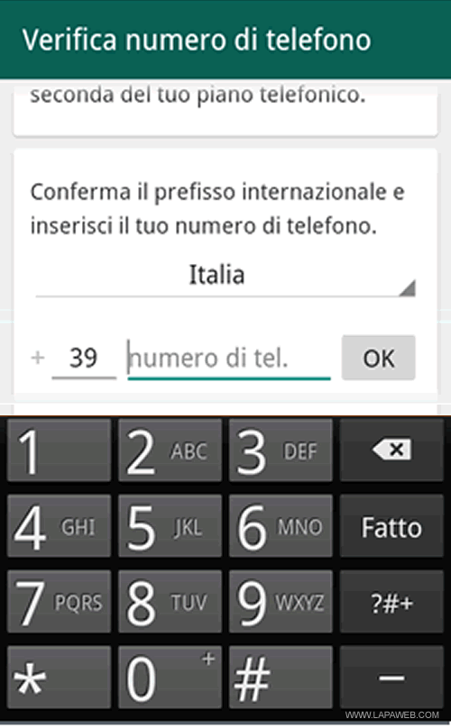 scrivere il numero del telefonino e premere OK