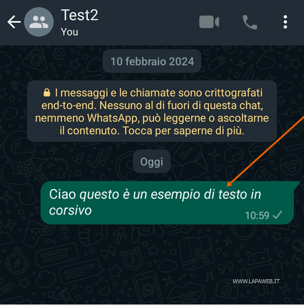 nel messaggio della chat il testo appare scritto in corsivo (italico)